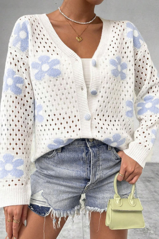 Flower Hollowed Out Button Down Long Sleeve Cardigan - The Goddess Galleries