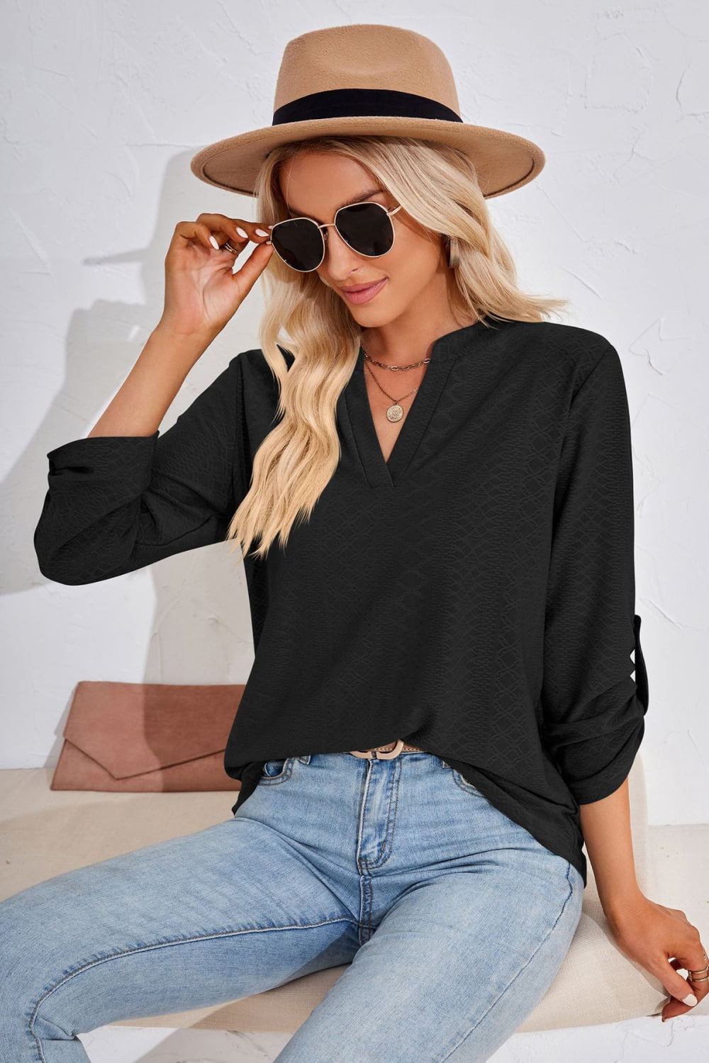 V-Neck Roll-Tap Sleeve Blouse - The Goddess Galleries