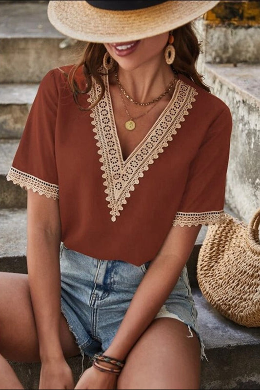 Full Size Lace Detail V-Neck Short Sleeve Blouse - The Goddess Galleries