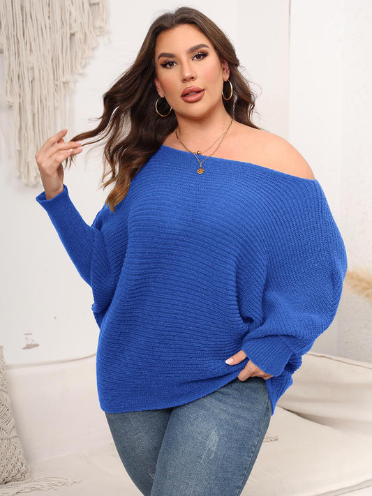 Full Size Boat Neck Batwing Sleeve Sweater - The Goddess Galleries