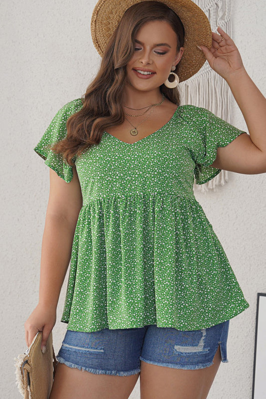 Ditsy Floral Flutter Sleeve Peplum Blouse - The Goddess Galleries