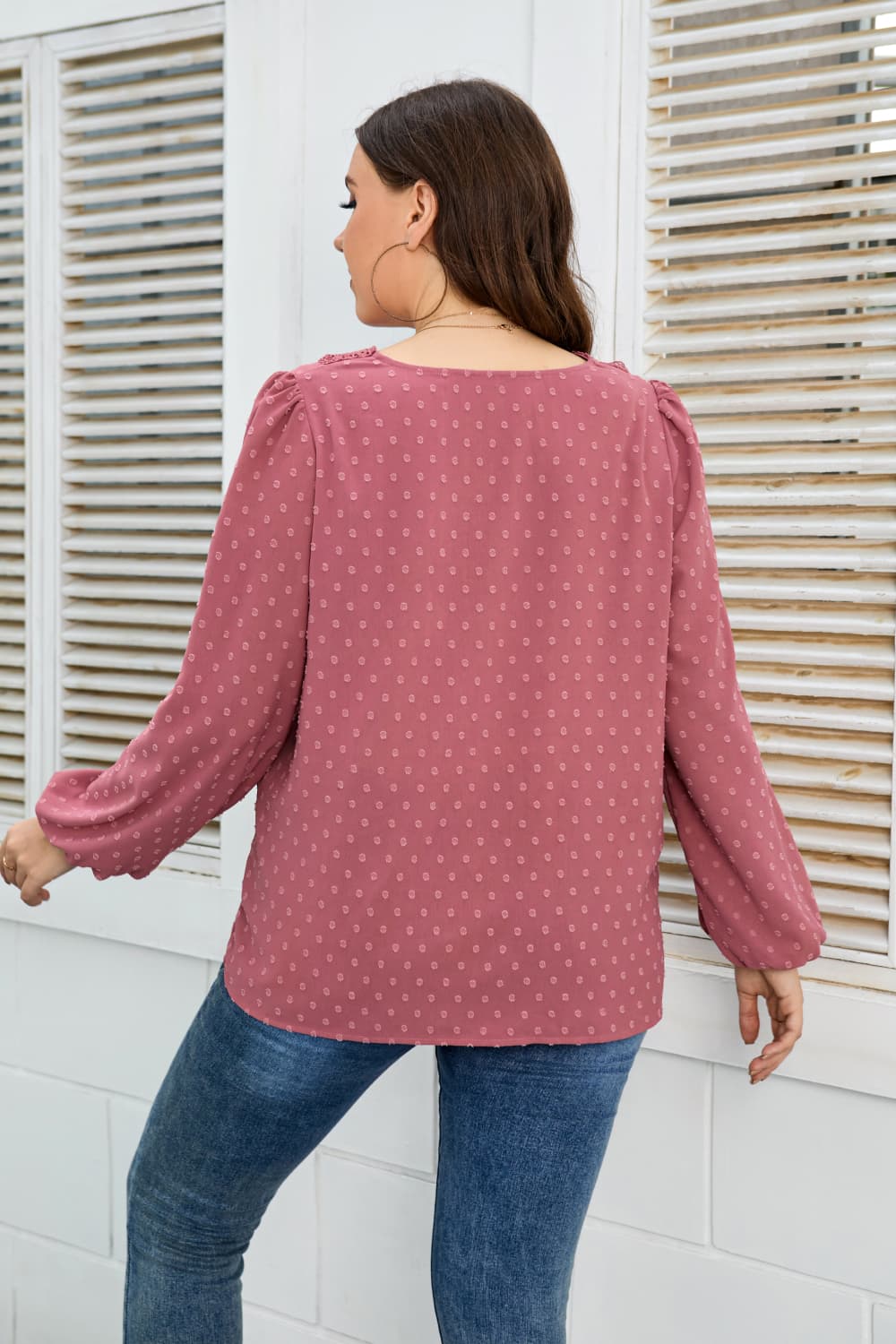 Honey Melo Apparel Plus Size Lace Trim V-Neck Balloon Sleeve Blouse - The Goddess Galleries