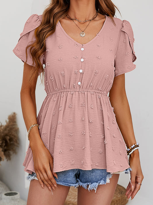 Swiss Dot Buttoned Petal Sleeve Peplum Blouse - The Goddess Galleries