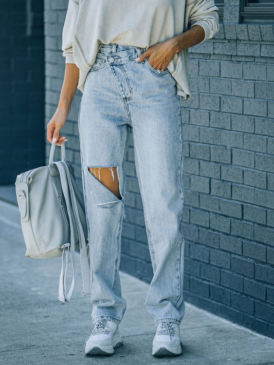 Distressed Asymmetric Waist Jeans - The Goddess Galleries