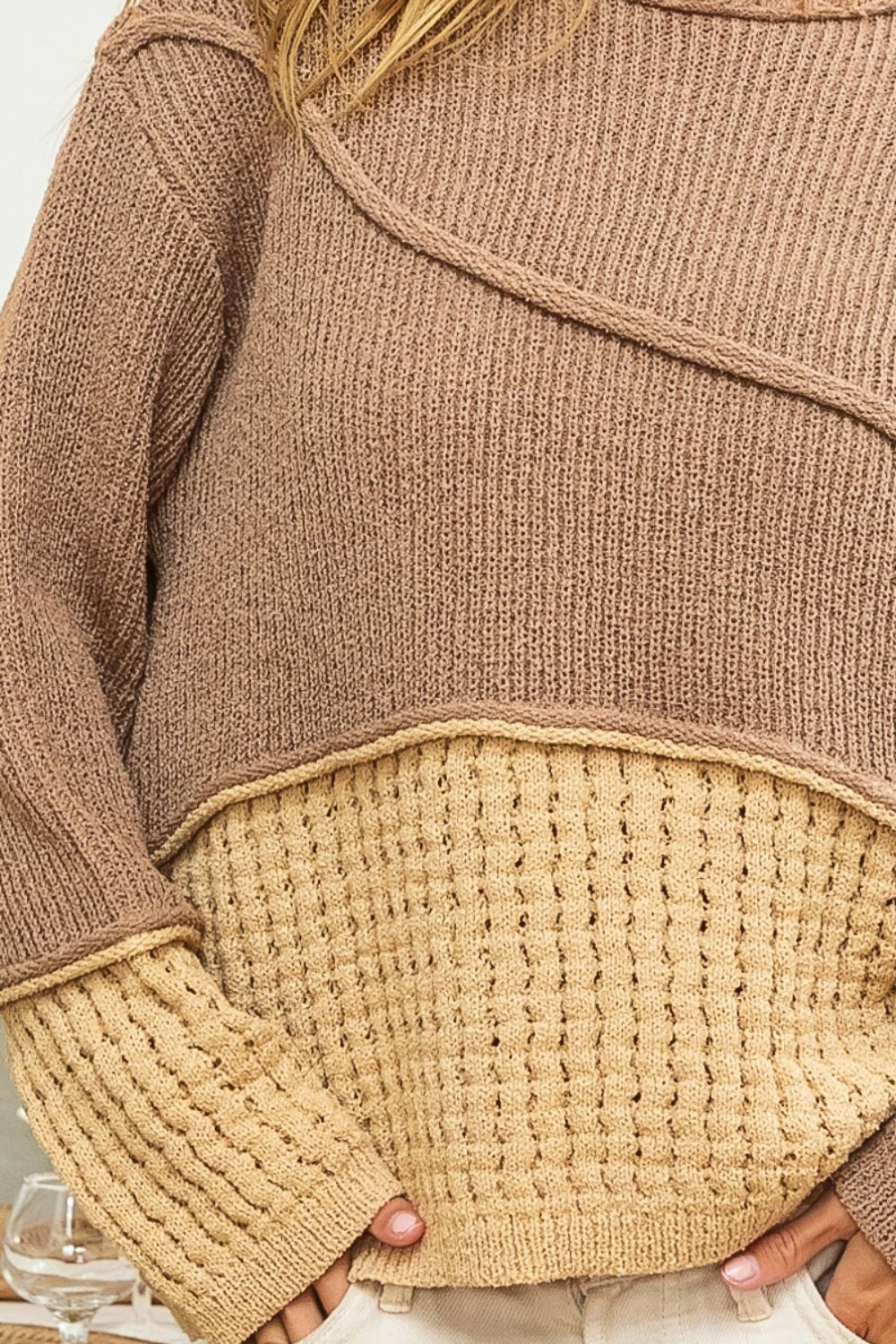 BiBi Texture Detail Contrast Drop Shoulder Sweater - The Goddess Galleries