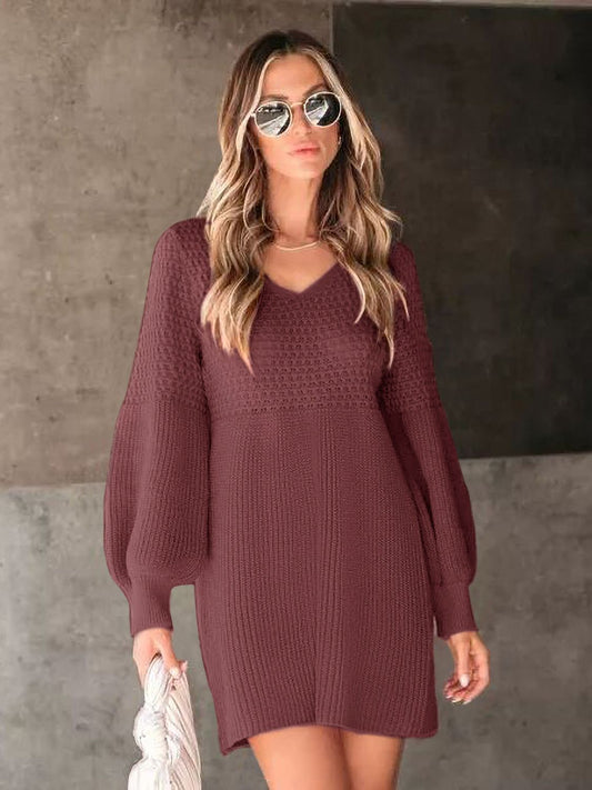 Perfee V-Neck Long Sleeve Sweater Dress - The Goddess Galleries