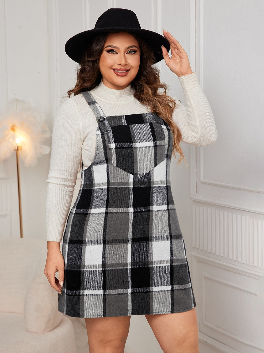 Honey Plus Size Plaid Wide Strap Overall Dress - The Goddess Galleries