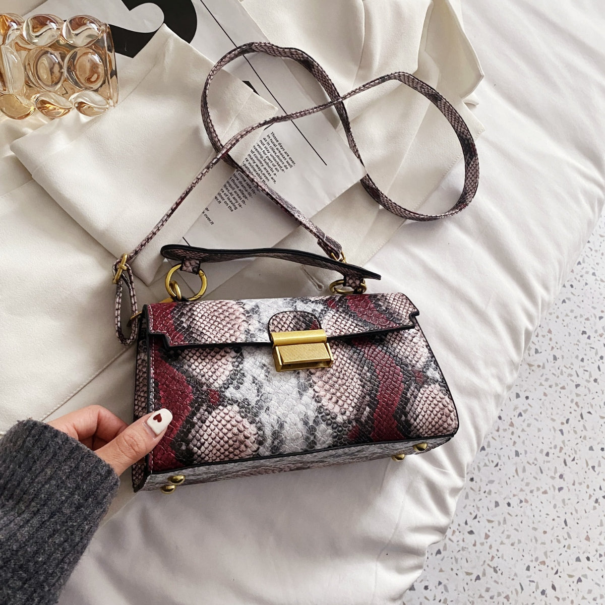 PU Leather Snakeskin Print Crossbody Bag - The Goddess Galleries