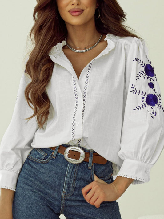 Frill Floral Embroidered Sleeve Shirt - The Goddess Galleries