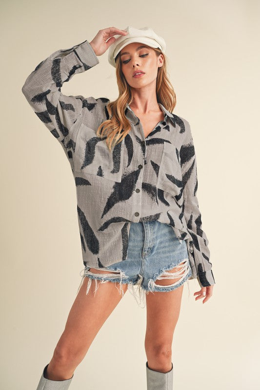 Aemi + Co High-Low Printed Button Up Long Sleeve Shirt - The Goddess Galleries