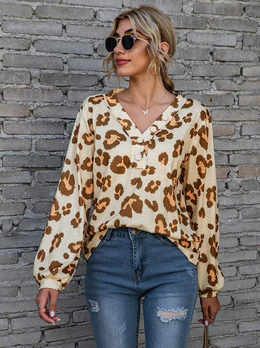Leopard V-Neck Decorative Button Long Sleeve Blouse - The Goddess Galleries
