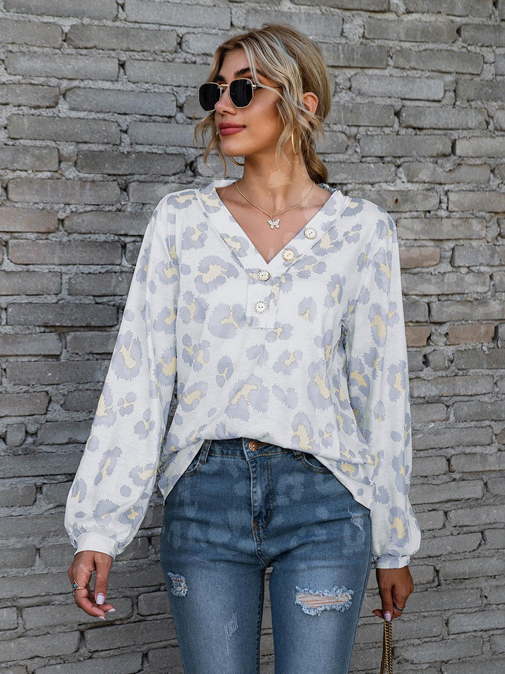 Leopard V-Neck Decorative Button Long Sleeve Blouse - The Goddess Galleries