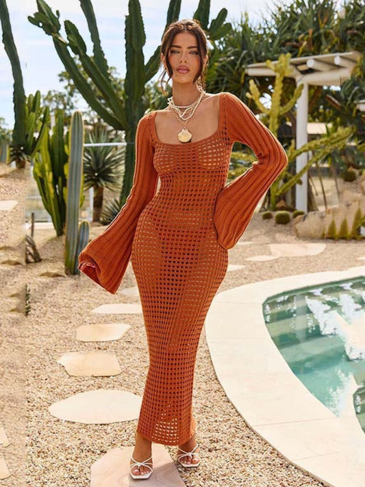 Openwork Square Neck Flare Sleeve Cover-Up Dress - The Goddess Galleries