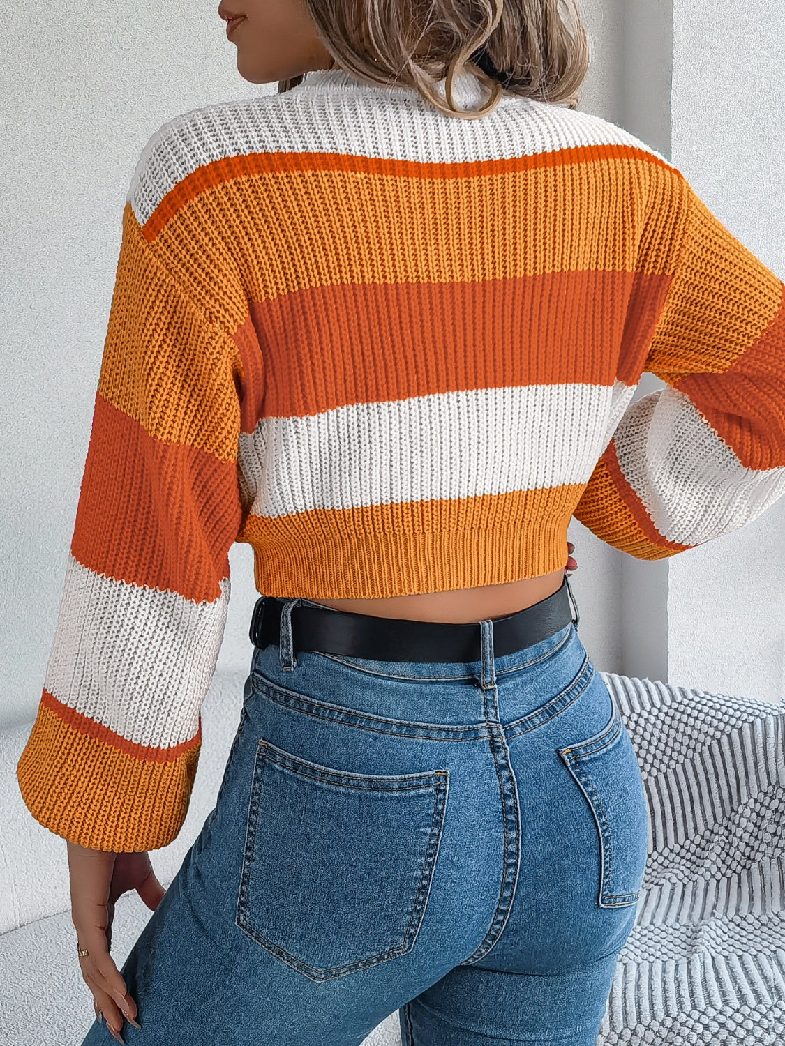 Color Block Round Neck Cropped Sweater - The Goddess Galleries