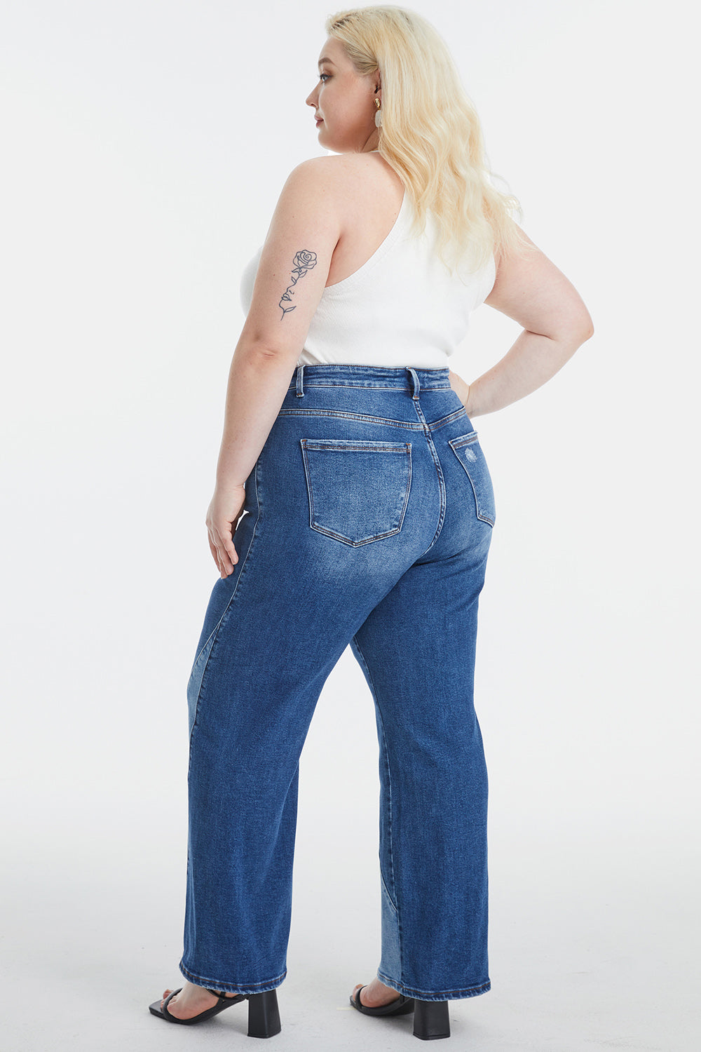 BAYEAS Full Size High Waist Two-Tones Patched Wide Leg Jeans - The Goddess Galleries