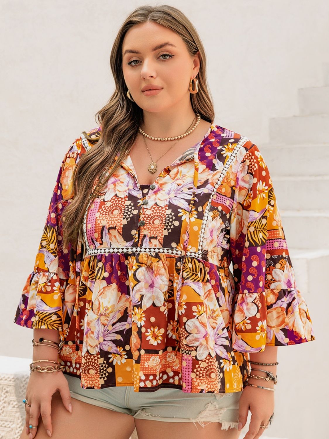 Plus Size Printed Tie Neck Blouse - The Goddess Galleries