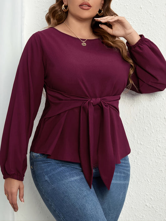 Plus Size Tie Front Long Sleeve Blouse - The Goddess Galleries