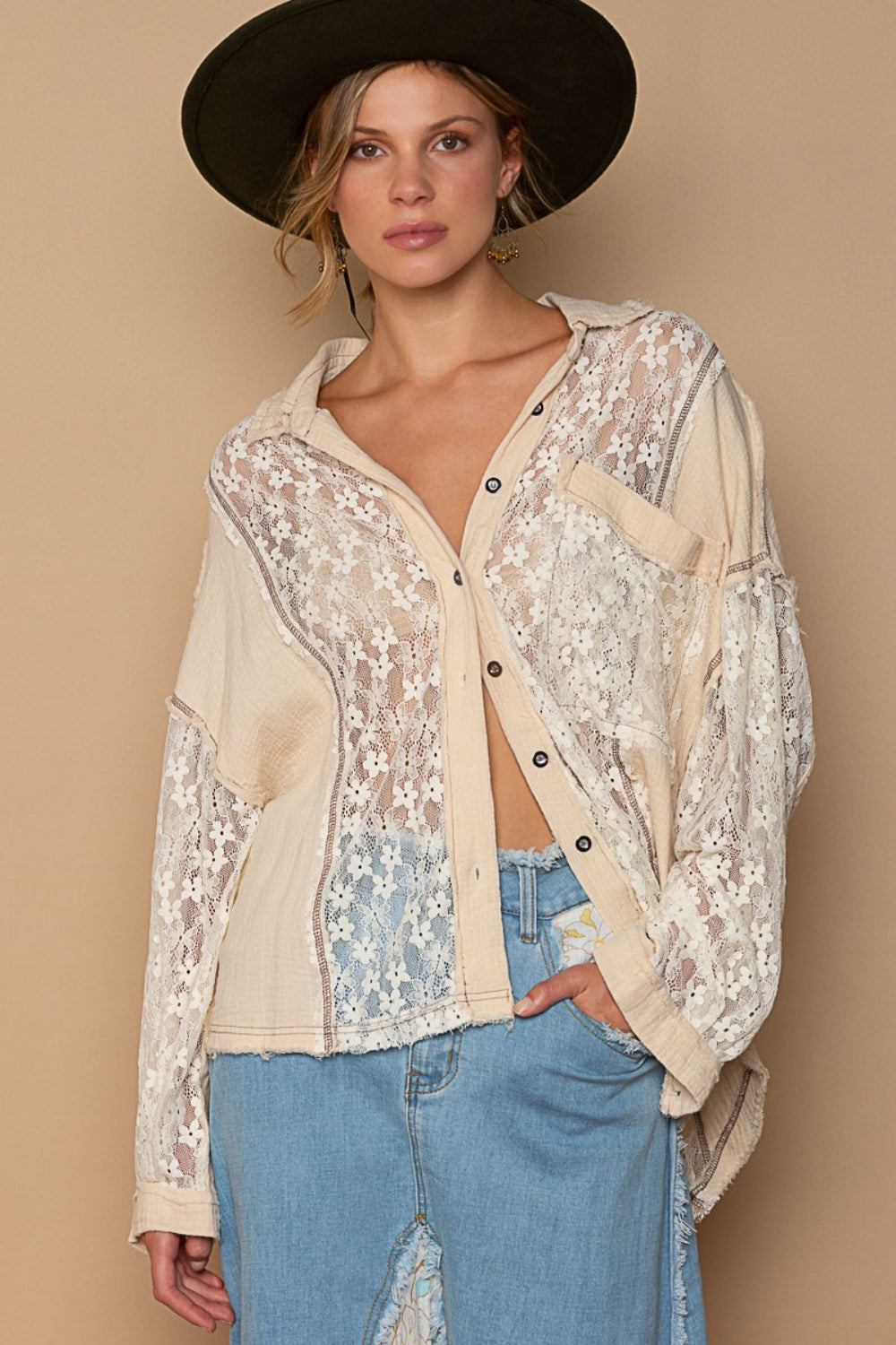 POL Oversize Lace Button-Down Shirt - The Goddess Galleries