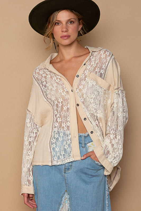 POL Oversize Lace Button-Down Shirt - The Goddess Galleries