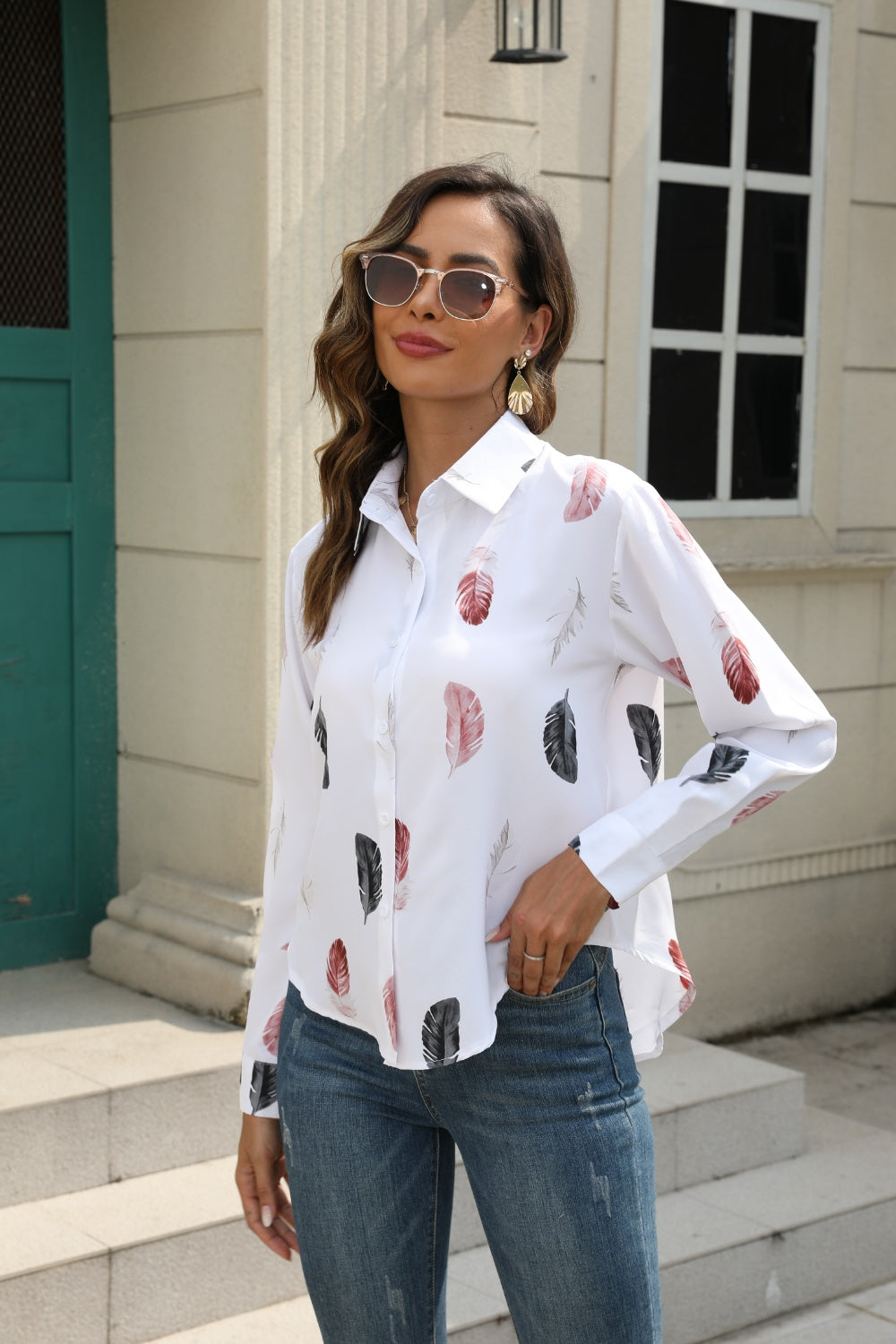 Printed Collared Neck Buttoned Shirt - The Goddess Galleries