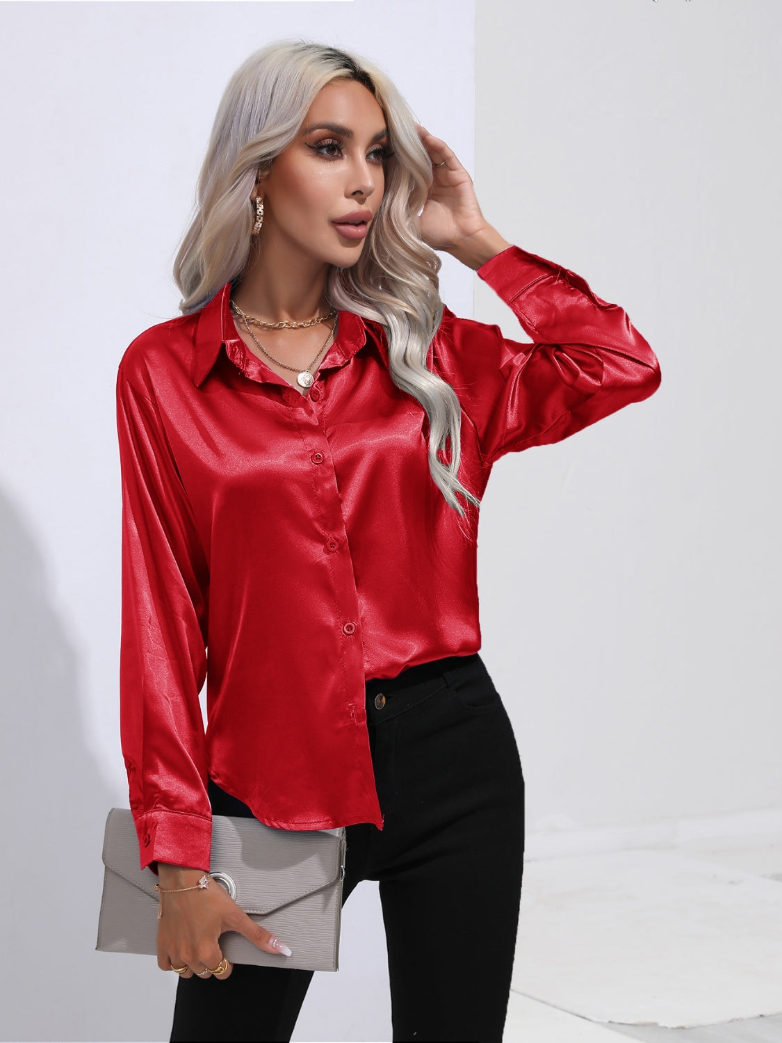 Collared Neck Buttoned Long Sleeve Shirt - The Goddess Galleries