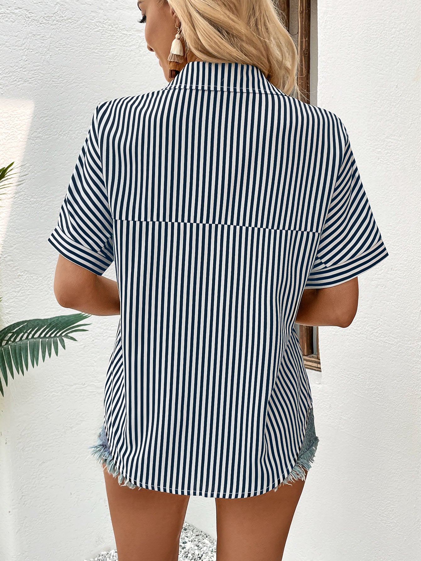 Perfee Lapel Collar Short Sleeve Blouse - The Goddess Galleries