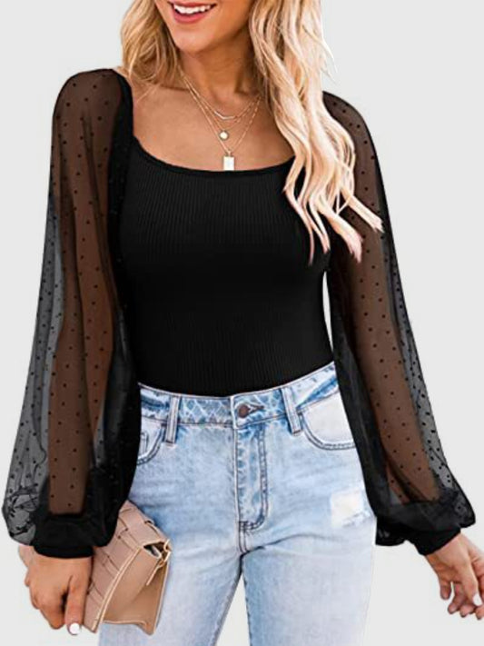 Polka Dot Square Neck Lantern Sleeve Blouse - The Goddess Galleries