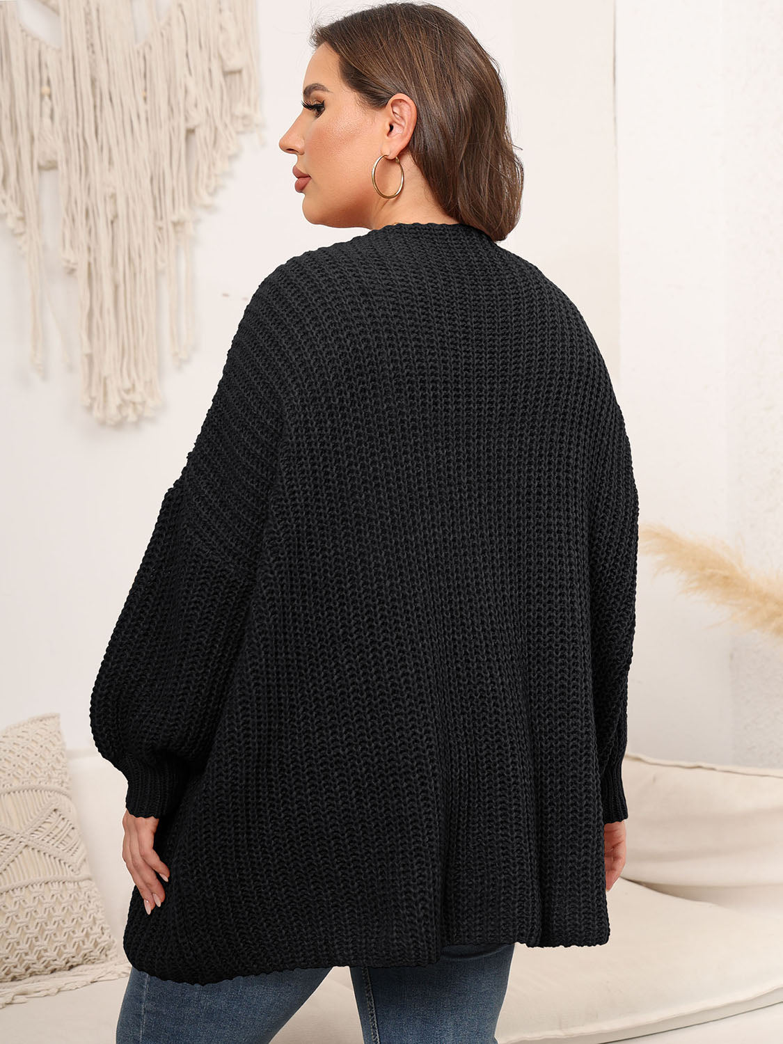 Plus Size Open Front Dropped Shoulder Knit Cardigan - The Goddess Galleries
