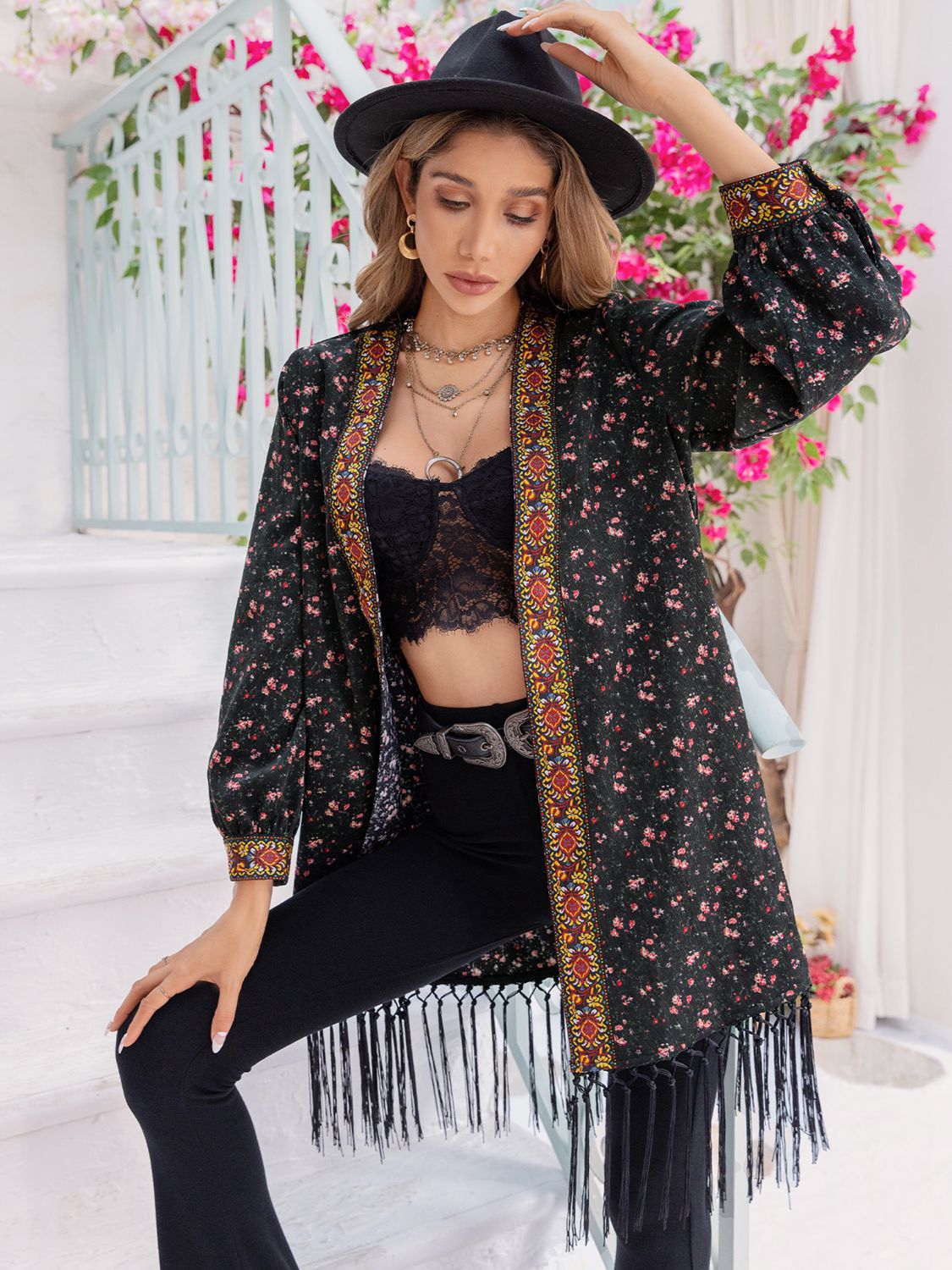 Printed Fringe Detail Cardigan - The Goddess Galleries