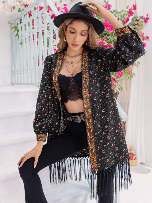 Printed Fringe Detail Cardigan - The Goddess Galleries