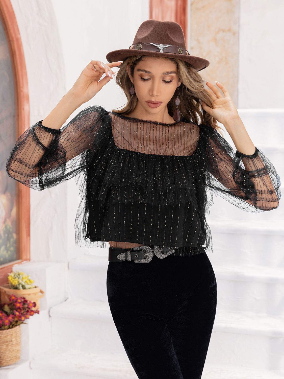 Round Neck Layered Long Sleeve Blouse - The Goddess Galleries