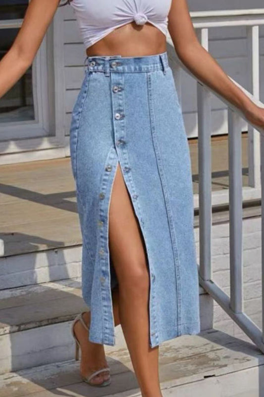 Buttoned Split Denim Skirt - The Goddess Galleries