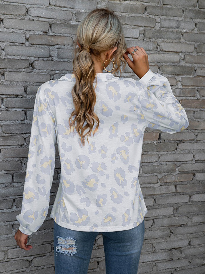 Leopard V-Neck Decorative Button Long Sleeve Blouse - The Goddess Galleries