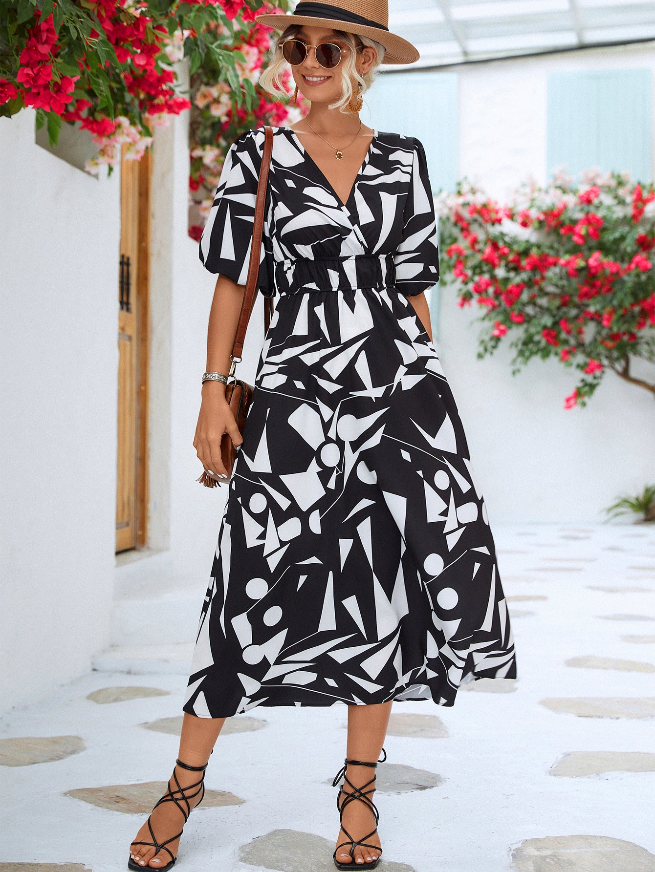Printed Surplice Balloon Sleeve Dress - The Goddess Galleries