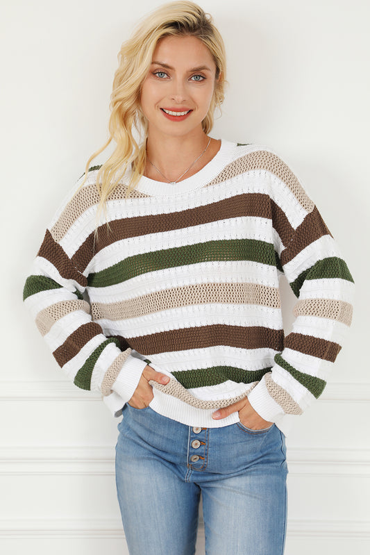 Striped Openwork Dropped Shoulder Sweater - The Goddess Galleries