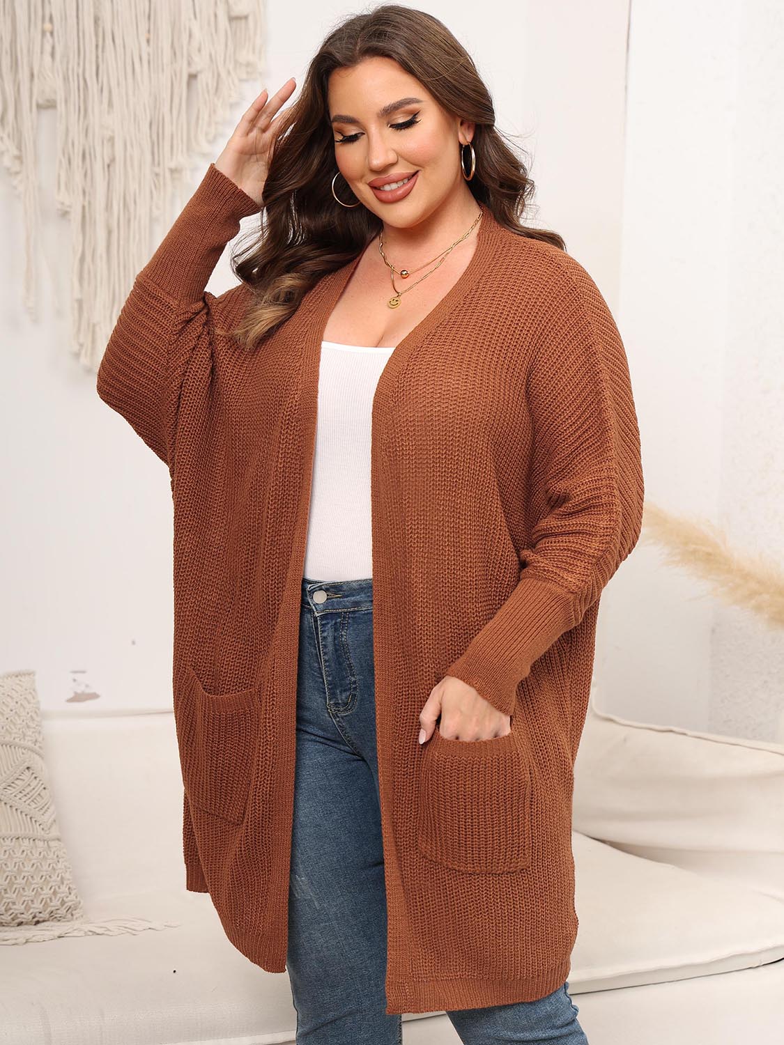Plus Size Open Front Cardigan With Pockets - The Goddess Galleries