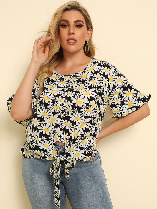 Plus Size Floral Round Neck Tie Hem Blouse - The Goddess Galleries