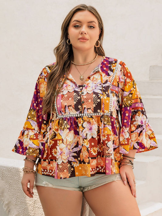 Plus Size Printed Tie Neck Blouse - The Goddess Galleries