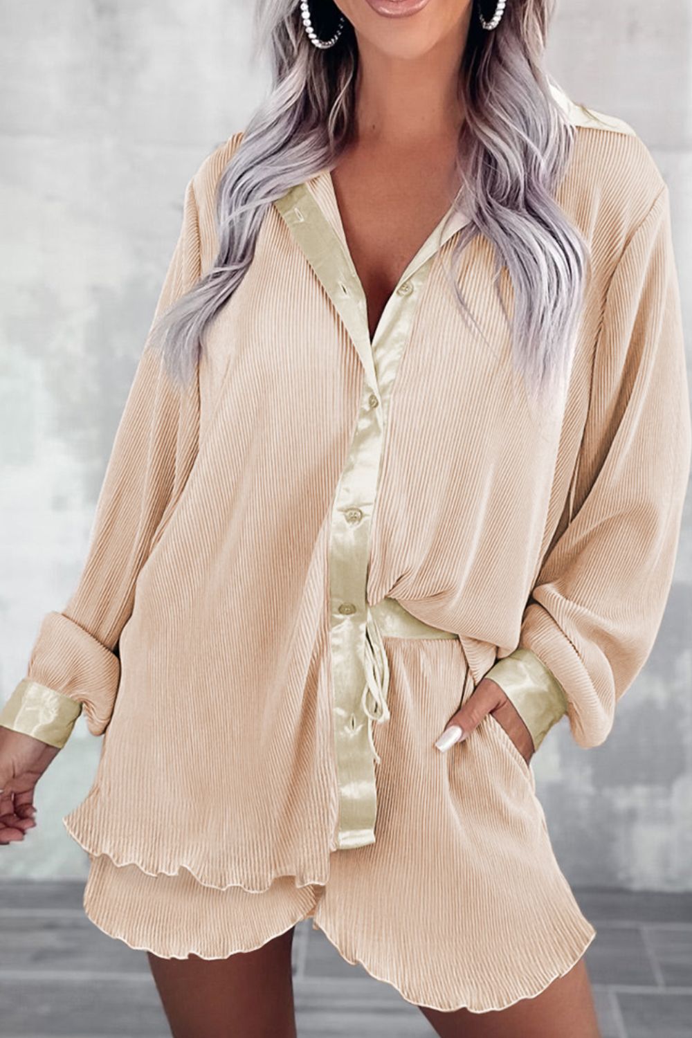 Button Up Long Sleeve Top and Shorts Set - The Goddess Galleries