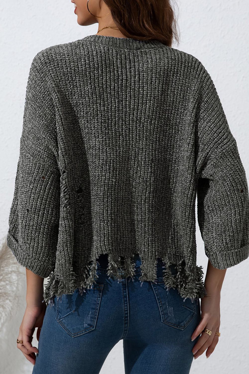 Distressed Round Neck Drop Shoulder Sweater - The Goddess Galleries