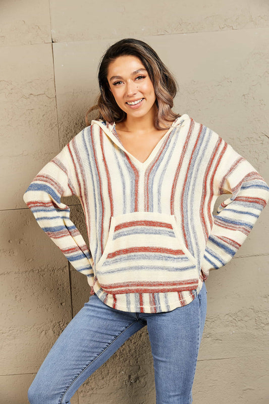 Striped Hooded Sweater with Kangaroo Pocket - The Goddess Galleries