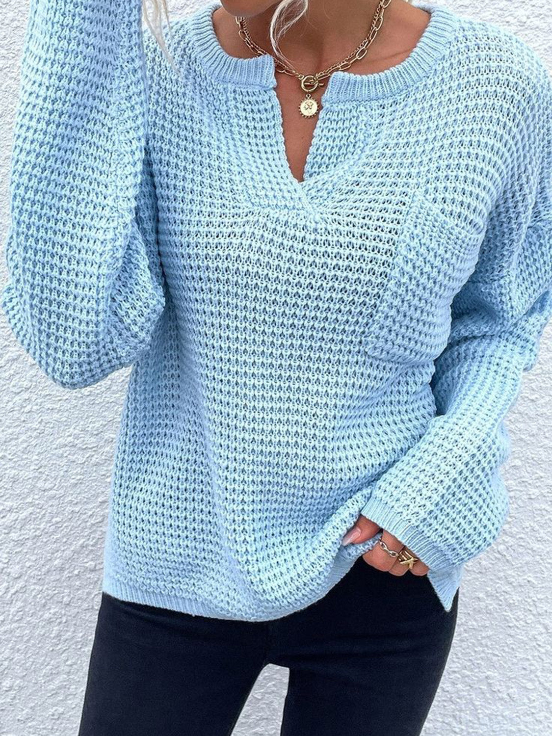 Notched Long Sleeve Sweater - The Goddess Galleries