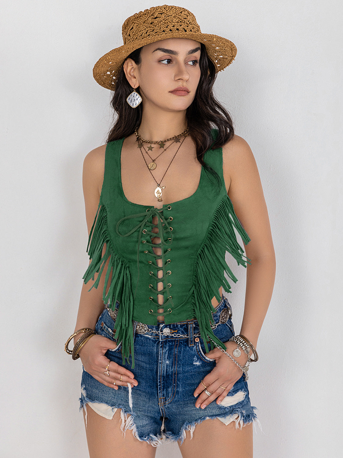 Fringe Lace-Up Wide Strap Tank - The Goddess Galleries