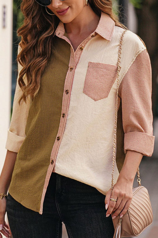 Contrast Plaid Button Down Long Sleeve Shirt - The Goddess Galleries