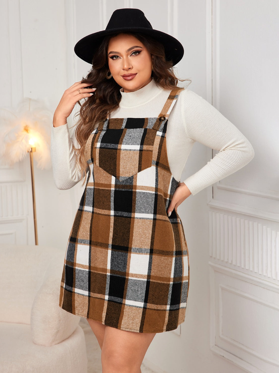 Honey Plus Size Plaid Wide Strap Overall Dress - The Goddess Galleries