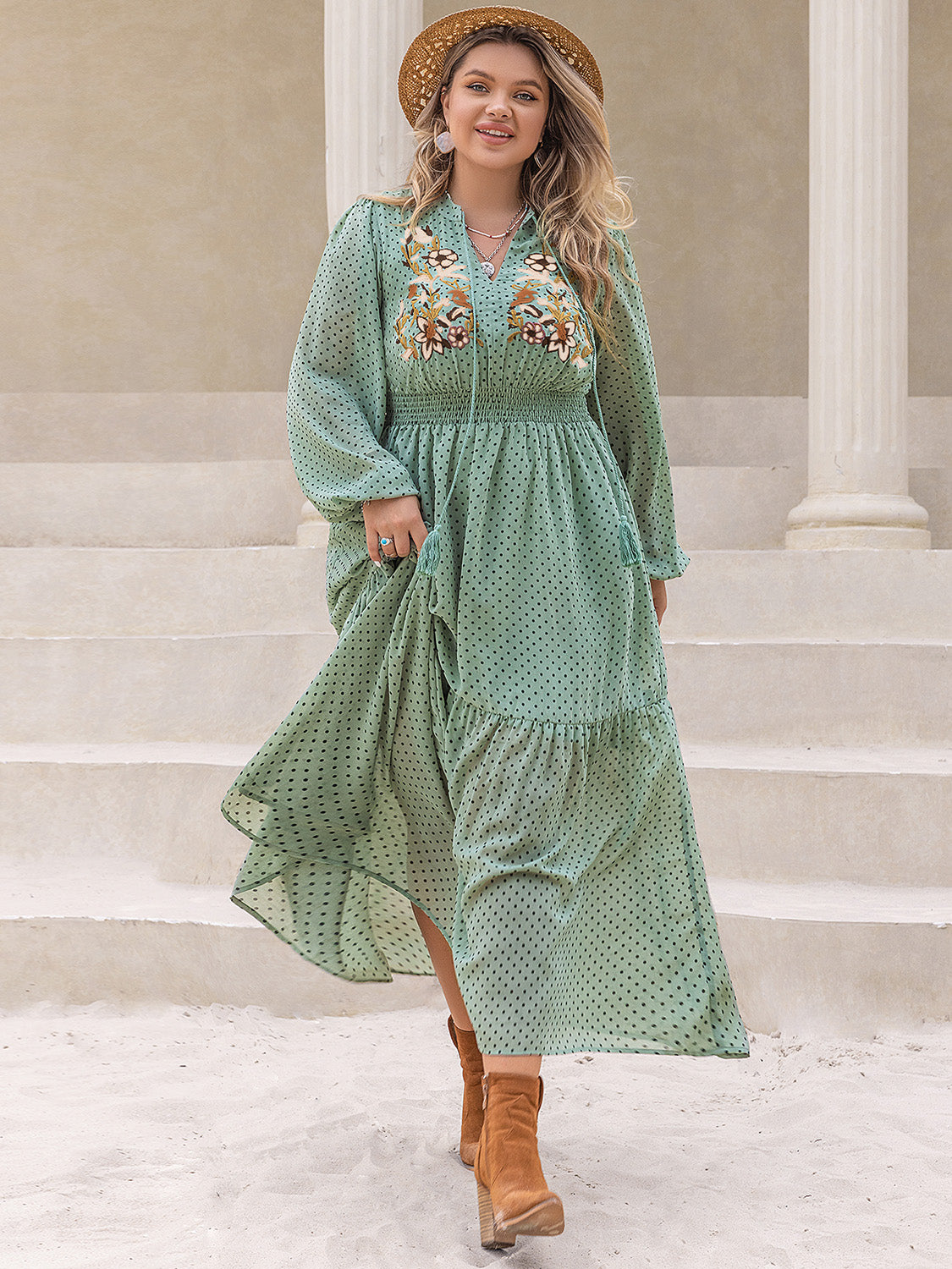 Plus Size Tassel Printed Tie Neck Long Sleeve Midi Dress - The Goddess Galleries