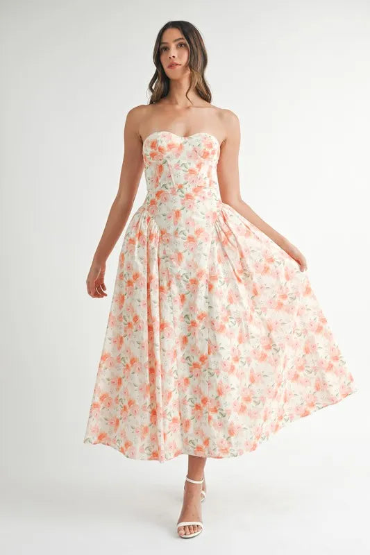 MABLE Sweetheart Neckline Floral Printed Midi Dress - The Goddess Galleries