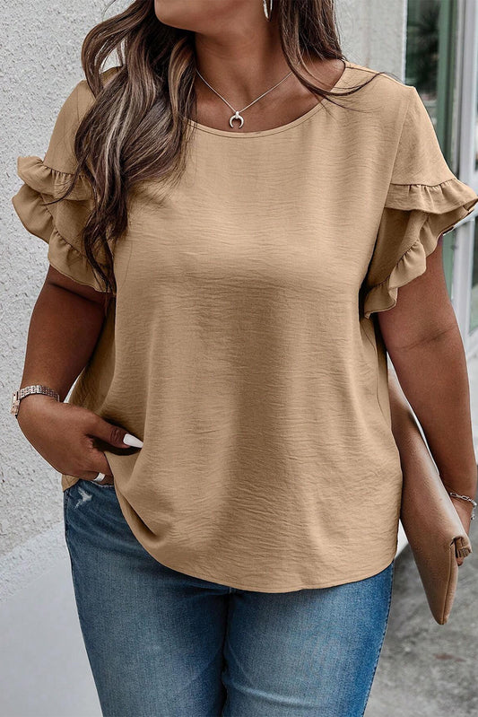 Plus Size Ruffled Petal Sleeve Round Neck T-Shirt - The Goddess Galleries