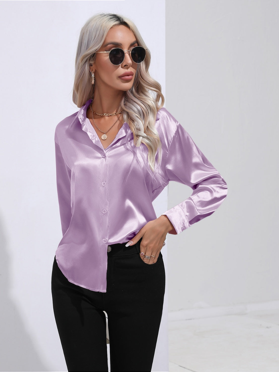 Collared Neck Buttoned Long Sleeve Shirt - The Goddess Galleries