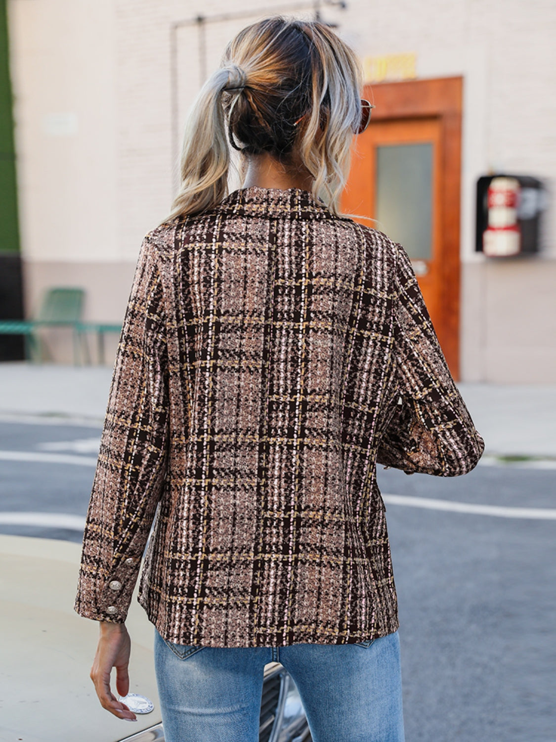 Full Size Plaid Lapel Collar Blazer - The Goddess Galleries